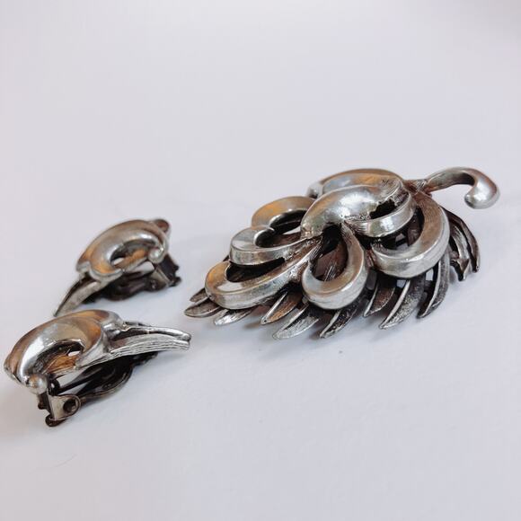 VTG Mid Century 44g Silver Brooch Earrings Set Layered Modernist 50s Jewelry - Picture 7 of 10